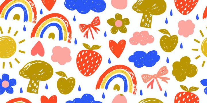 Floral Ornament With Rainbows And Fruit Colorful Vector Illustration