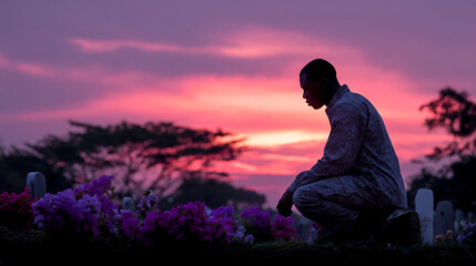 Obraz premium lonely man mourning at cemetery grave with flowers under purple sunset sky representing loss and grief
