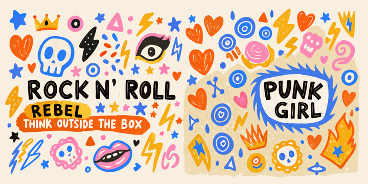 Punk rock themed doodle collection vector illustration with vibrant colors
