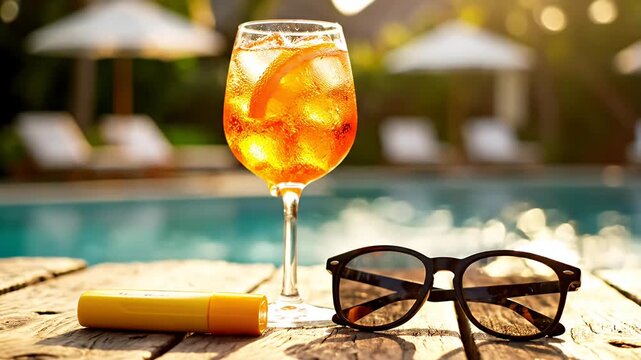 Orange cocktail and sunglasses by a swimming pool.
