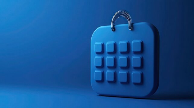 Isolated 3 D blue calendar with raised date squares and metallic handle on gradient background schedule