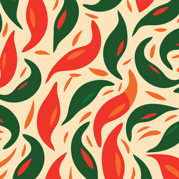 Stylized Red and Green Bird Pattern on a Beige Background