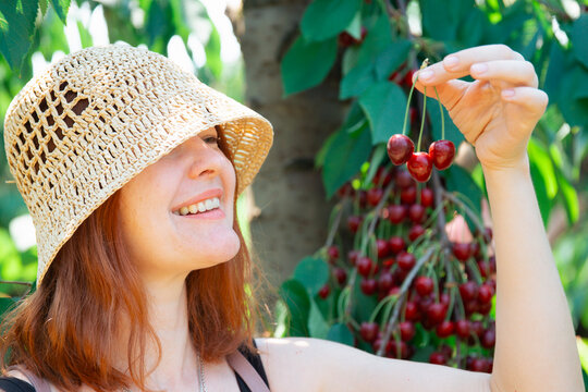 A close-up shot of a smiling young woman wearing a straw hat, holding a bunch of freshly picked ripe red cherries in her hand in a sunny orchard during the harvest season.