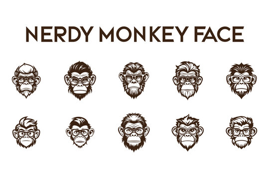 Nerdy Monkey Face Illustrations Featuring Unique Expressions and Styles in Vector Art