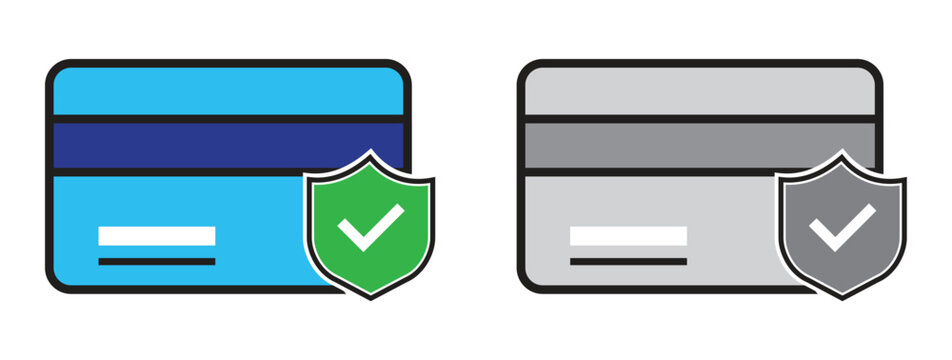 Secure Payment Card Icons with Security Shield, Blue and Gray Variants