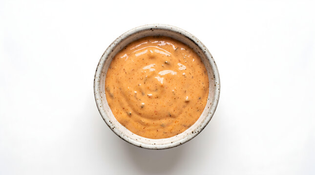 Top View of Creamy Orange Dipping Sauce in Ceramic Bowl on White