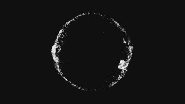 abstract glowing white particles forming a flowing ring frame on black background for minimal design banner text copy space and technology motion graphics