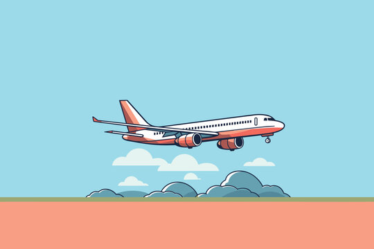 Illustration of an Airplane Flying Over Landscape with Clouds in Clear Sky