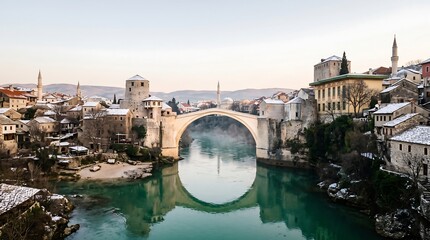 Panoramic winter sunrise view of Stari Most bridge in Mostar with snow and river reflection
