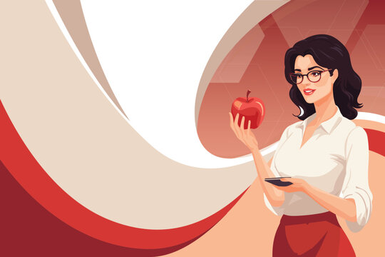 Illustration of a Woman Holding an Apple in a Stylish Modern Design