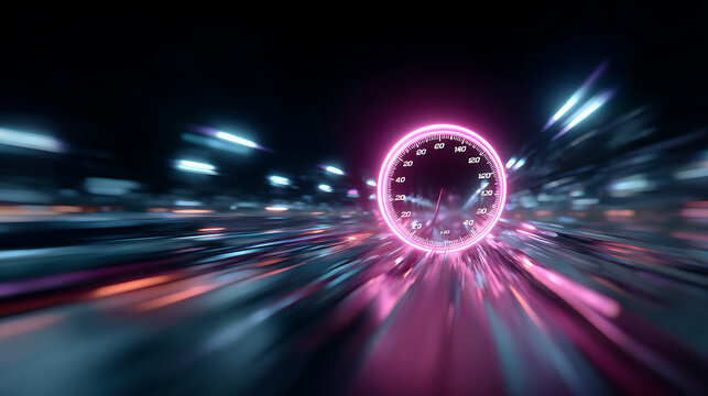 futuristic speed gauge dial with light trails representing fast velocity technology concept