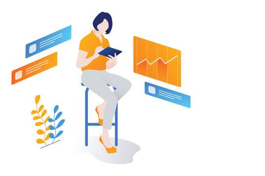 Businesswoman Analysing Data on Tablet Amid Abstract Graphical Elements