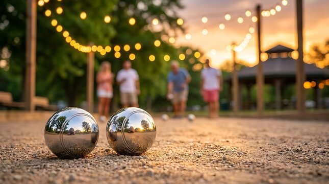 Two polished metal bocce balls rest on gravel court with blurred people playing game in background under string lights at sunset.