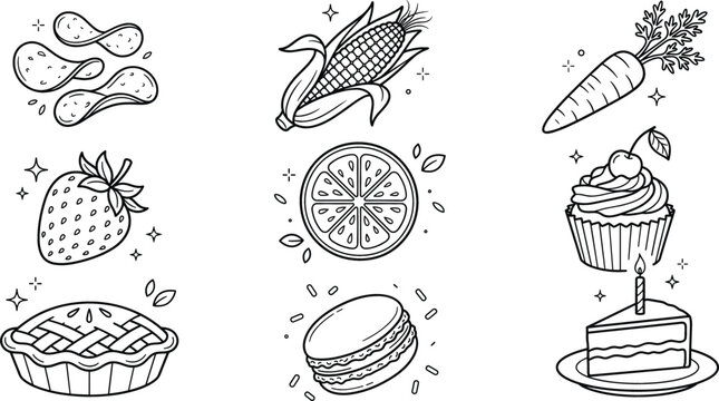 Food and snack doodle line icon set featuring chips corn carrot strawberry orange cupcake pie macaron cake vector