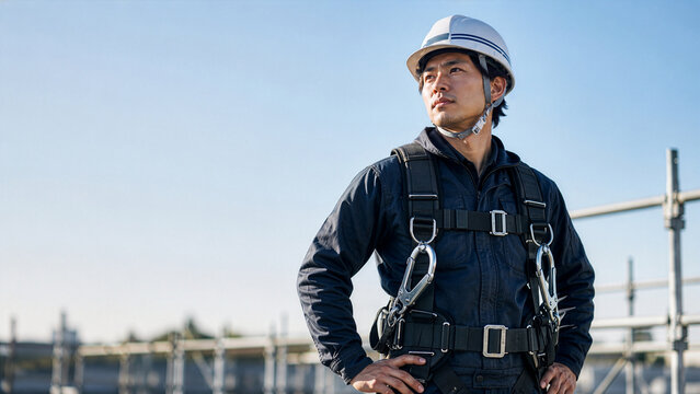 青空と足場を背景にポーズをとるヘルメットととび職や足場工事の男性イメージ