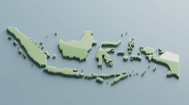3D map of Indonesia with green islands on gray background