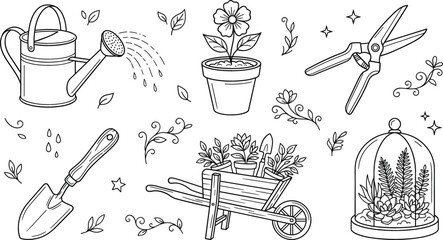 Gardening tools and plant line icon set featuring watering can potted flower shears trowel wheelbarrow and terrarium vector © vector design 