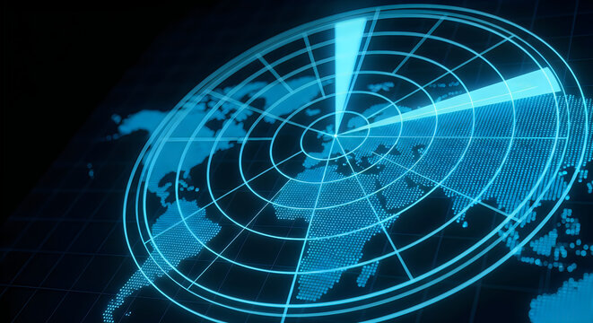 Glowing blue digital radar screen scanning a world map with bright light beams on a dark futuristic background display interface