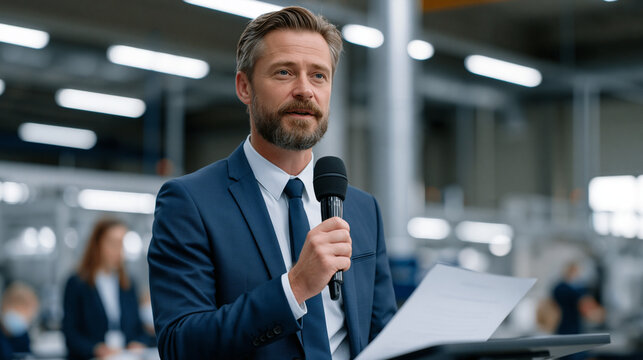 Manufacturing company publishes an annual CSR report at a press conference held inside their own factory, workers visible on the production line behind the stage as leadership announces community in