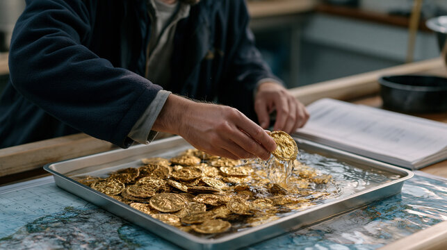 Marine salvage conservation specialist rinsing encrusted gold doubloons recovered from a colonial-era Caribbean shipwreck under fresh water in a shipboard laboratory, recovery log open beside the ex