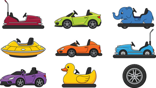 Amusement park bumper cars and go karts vector illustration set featuring classic fairground rides sports cars elephant duck shape vehicles and wheel.