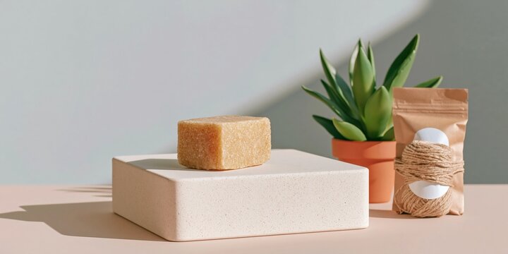 A solid block of natural handmade soap on a stone pedestal, featuring textured eco-friendly packaging and a potted plant for a sustainable wellness campaign