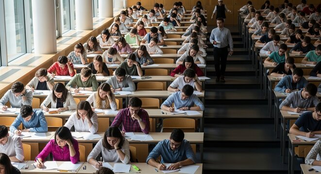 Vibrant photorealistic image of students concentrating in an exam hall during final assessments