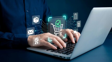 Fototapeta premium Person typing on laptop with digital e-commerce shopping cart and delivery logistics icons glowing above keyboard representing modern online retail business management