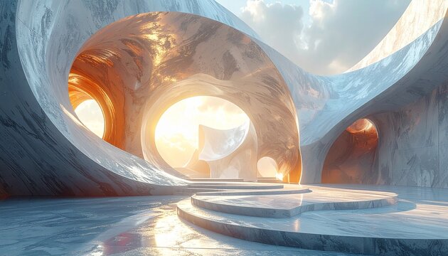 Surreal Futuristic Architectural Interior with Golden Light.