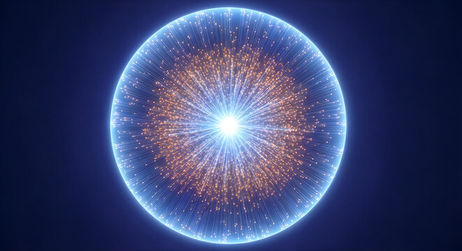 Glowing sphere of light particles exploding outwards in a brilliant display of digital energy against a deep dark background