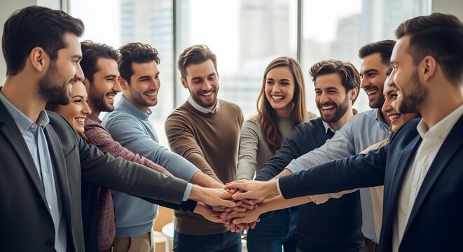 Business Team Celebrating Success and Unity with Hands Together