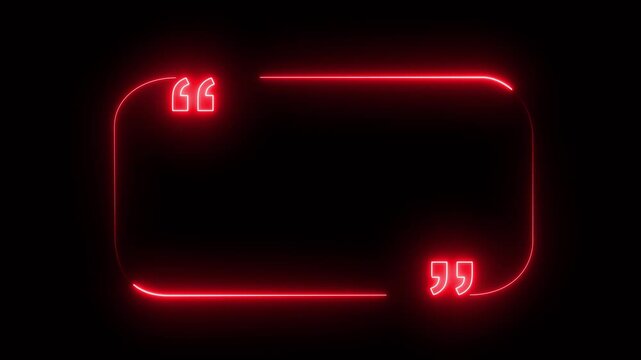 Blue neon rounded rectangle frame with quotation marks on black. Rectangle frame quote text graphic. Professional rectangle frame for digital text formatting and modern testimonial highlight.