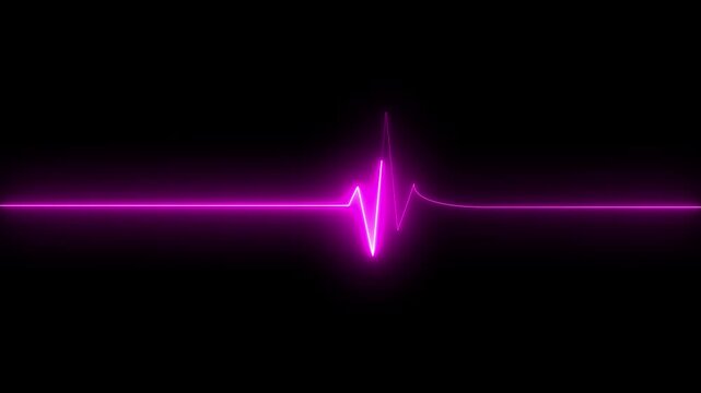 Glowing purple neon heartbeat line on dark background graphic. Heartbeat line electrocardiogram pulse. Professional heartbeat line for digital medical tracking and hospital patient care.
