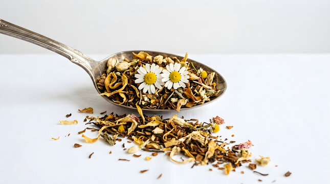 Spoon full of herbal tea ingredients and flowers on white