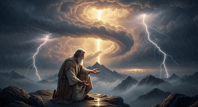 Moses receives divine guidance on mount sinai amidst a dramatic thunderstorm and lightning