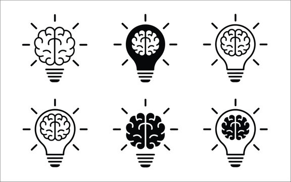 Brain in light bulb icon set, creative idea generation, innovation and solution concept, knowledge lamp symbols collection, modern thinking and inspiration vector illustration design concept.