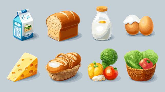 Assorted Food Items Including Milk Bread Eggs Cheese Broccoli Lettuce and Bell Peppers on Gray