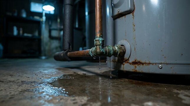 Close up water heater pipe showing corrosion and rust with water droplets on concrete floor in dark basement utility room plumbing issue.