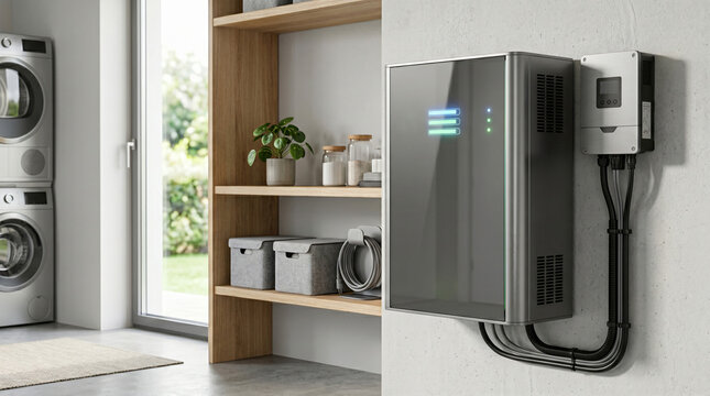 Modern electric vehicle charging station installed in contemporary laundry room with storage shelves