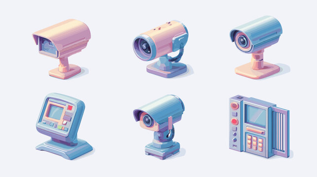 Collection Of Pixel Art Security Cameras And Monitoring Devices In Pastel Tones