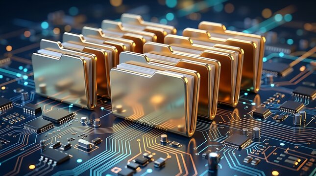 Digital data folders organized on a blue circuit board with glowing light lines representing data flow and advanced technology concepts for information storage.