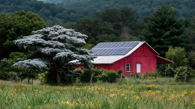 red barn with solar panels on roof surrounded by green mountains and farmland