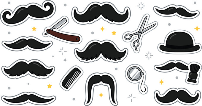 Vintage barber shop sticker vector illustration set featuring assorted mustache shapes straight razor scissors bowler hat monocle comb and shaving brush isolated on white background.