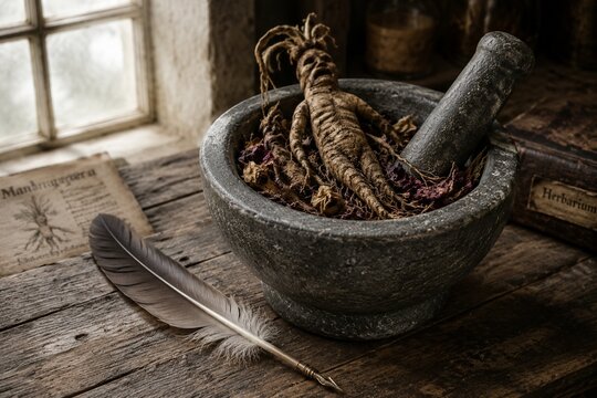 Stone mortar with mandrake roots and petals on a wooden table.