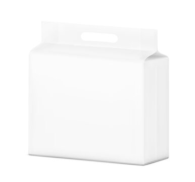 Realistic stand bag with hole handle mockup. Half side view. Vector illustration isolated on white background. Suite for the presentation of diapers, wet wipes, pants, changing mats, pads. EPS10.