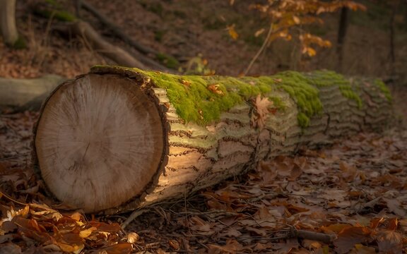 Close-up View of a Moss Covered Fallen Tree Log Resting on an Autumn Forest Floor Landscape