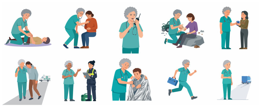 Senior female paramedic providing emergency medical care and first aid assistance in various situations, flat vector illustration set