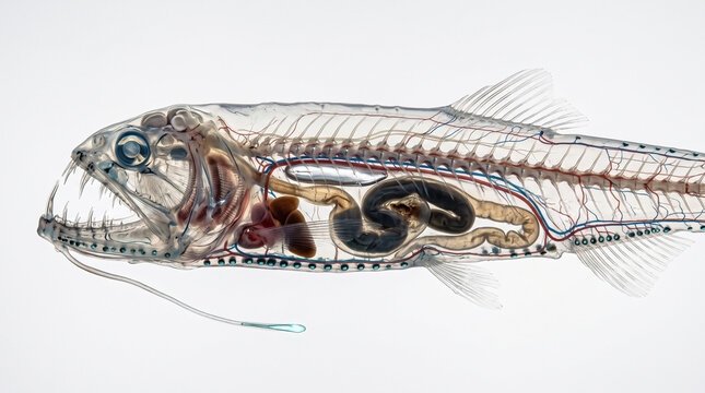 Deep sea dragonfish reveals complex internal anatomy and sharp teeth in a clear scientific graphic.