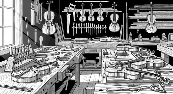 Detailed violin luthier workshop line art illustration.