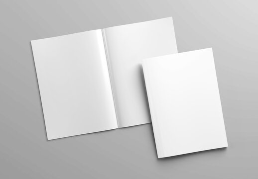 Magazine cover and open magazine Mockup on white background with shadows. 3D rendering